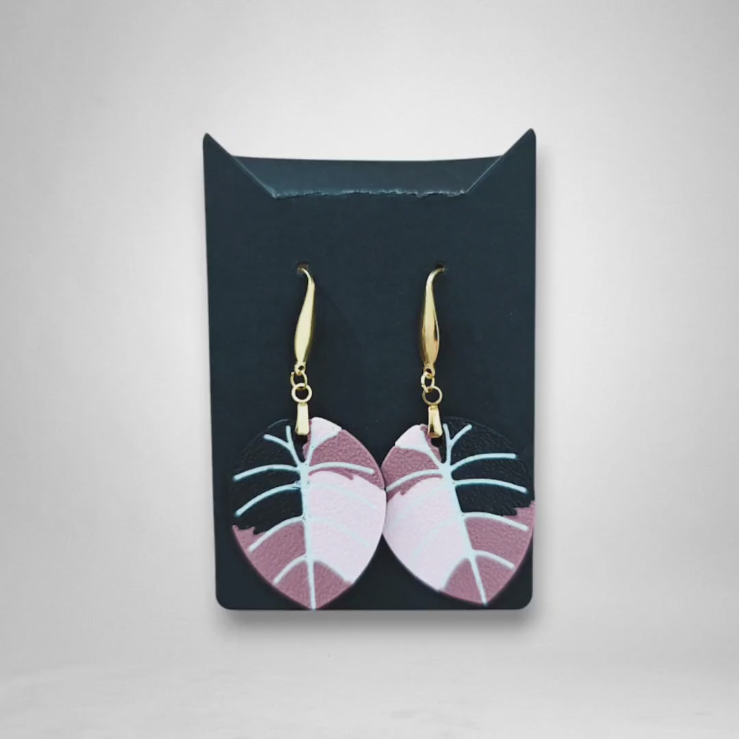 Leaf Earrings Alocasia Black Velvet Variegated, Pink Alocasia Jewelry Gift for Plant Lovers, Plant Earrings, 3d printed Earrings