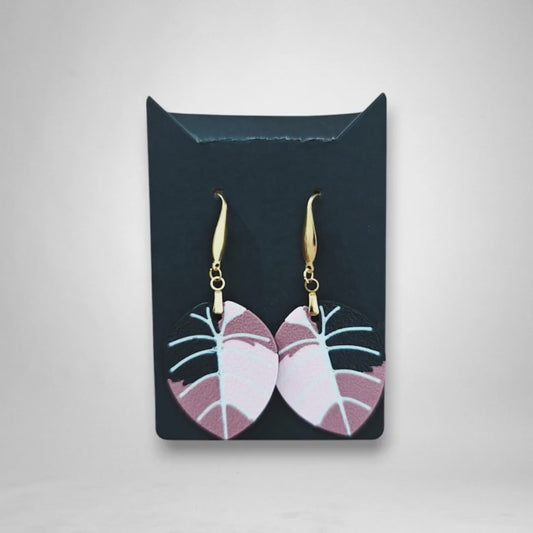 Leaf Earrings Alocasia Black Velvet Variegated, Pink Alocasia Jewelry Gift for Plant Lovers, Plant Earrings, 3d printed Earrings