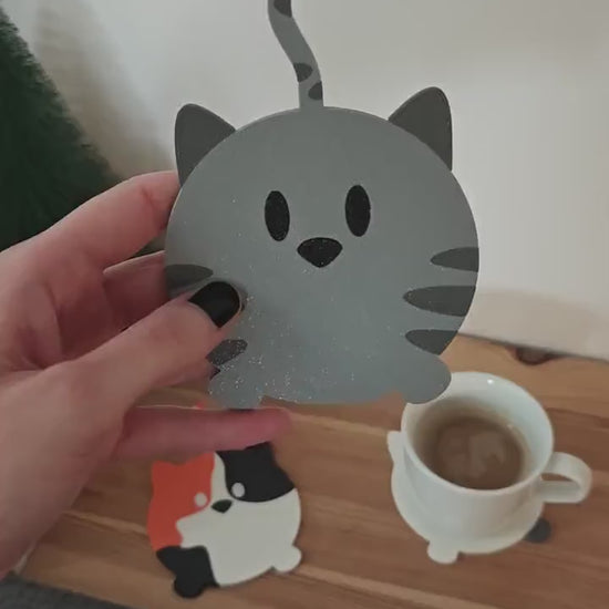 Cat Coaster Set, Double sided Cute and Funny Kitten Coasters with Holder, Table mats for Feline Lovers, 3D printed Decor