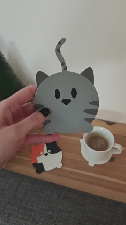 Cat Coaster Set, Double sided Cute and Funny Kitten Coasters with Holder, Table mats for Feline Lovers, 3D printed Decor