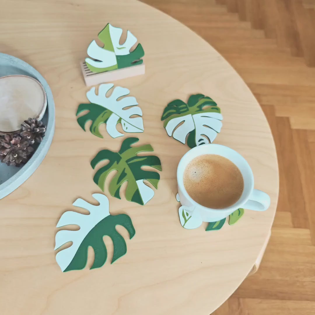 Monstera Leaf Coaster Set, Monstera Coasters with Holder, 3D printed Table Decor, Variegated Plant