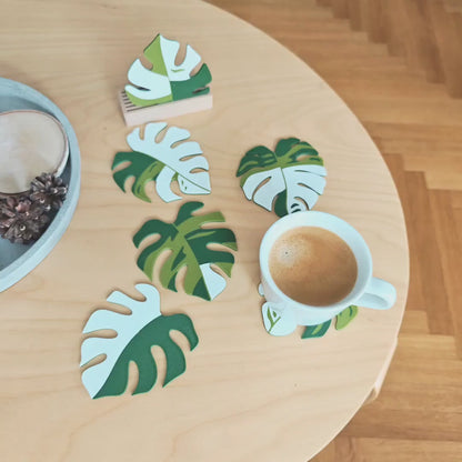 Monstera Leaf Coaster Set, Monstera Coasters with Holder, 3D printed Table Decor, Variegated Plant
