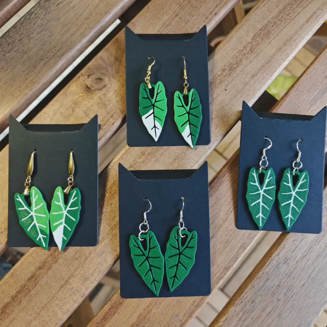 Earrings Alocasia Frydek, 3d printed Jewelry Gift for Plant Lovers, Leaf Earrings, 3d printed Earrings