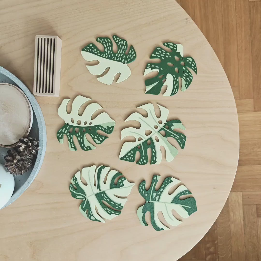 Monstera Thai Constellation Coaster Set, Leaf Coasters with Holder, 3D printed Table Decor, Variegated Plant